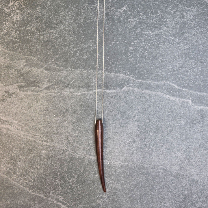 Extra Long Brown wood spiked horn shaped pendant - Silver