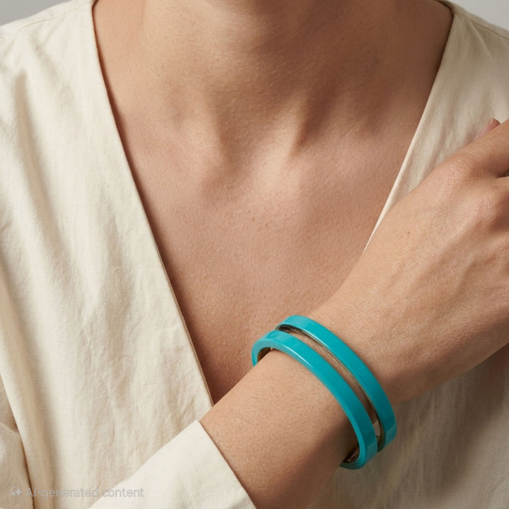 Person wearing a Branch Jewellery Turquoise Blue cut-out cuff lacquered buffalo horn bangle cuff on a neutral background