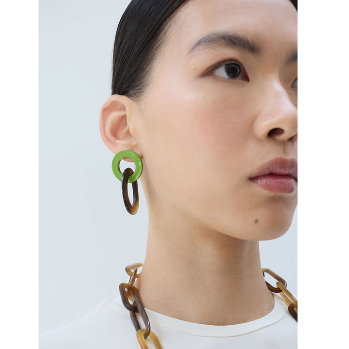 Lime Green and brown natural oval link horn earring