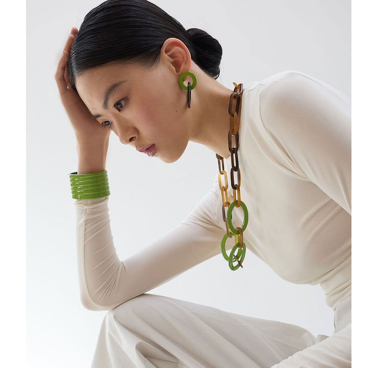 Lime Green and brown natural oval link horn earring