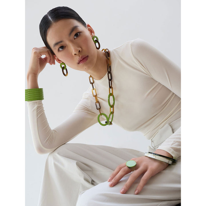 Lime Green and brown natural oval link horn earring