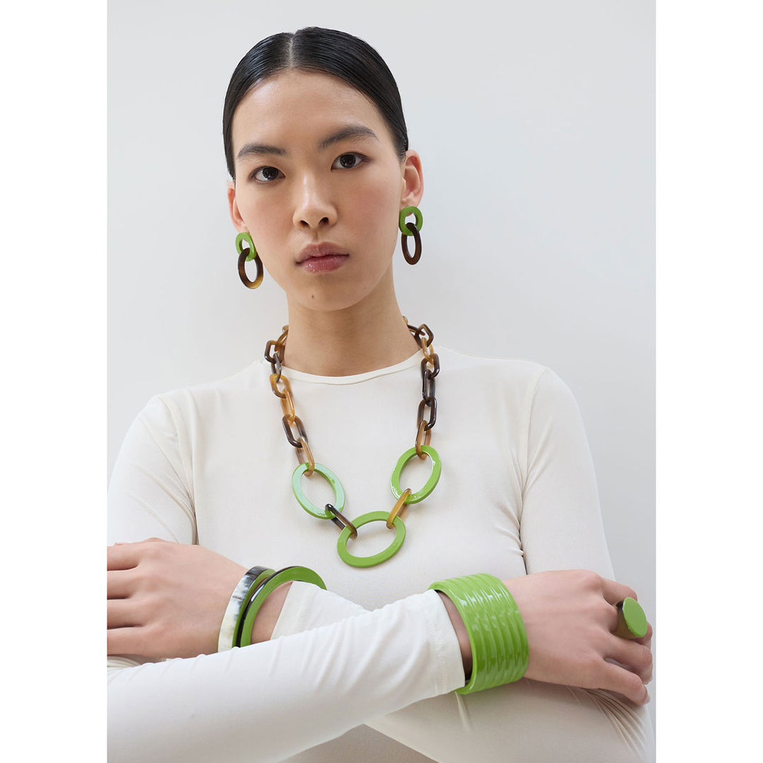 Lime Green and brown natural oval link horn earring