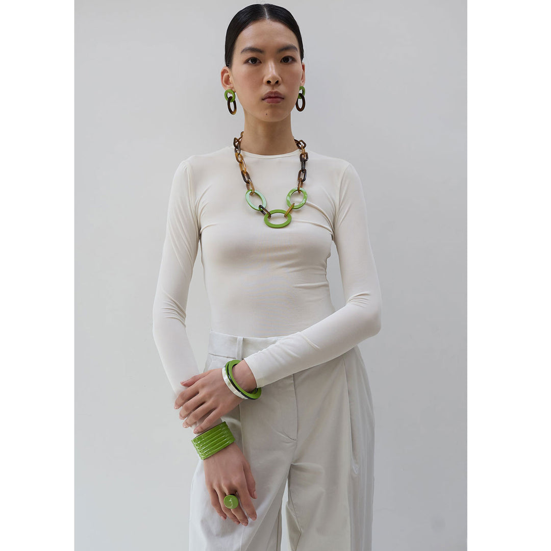 Lime Green and brown natural oval link horn earring