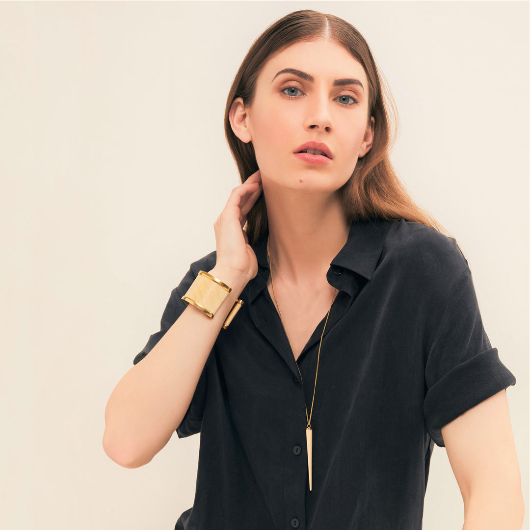 Long Black wood round spike pendant - Gold