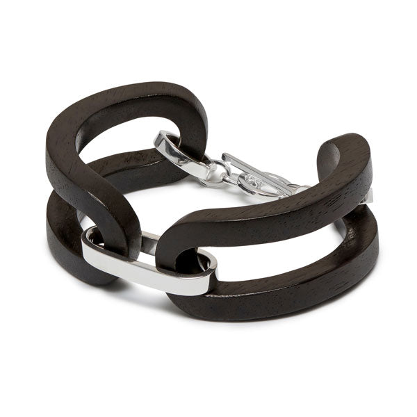 Black wood open link bracelet - Silver