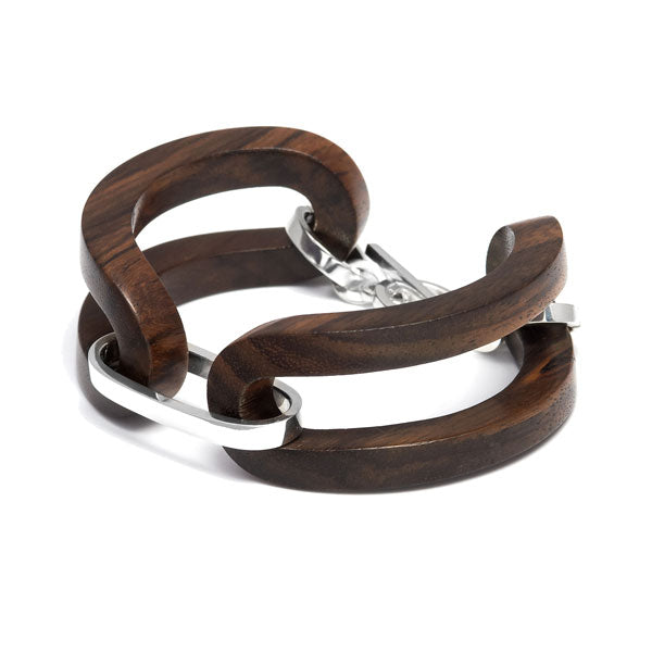 Brown wood Open Link Bracelet - Silver