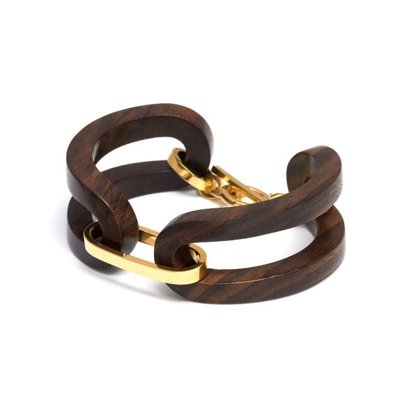 Branch jewellery - Brown wood open link bracelet set with gold 