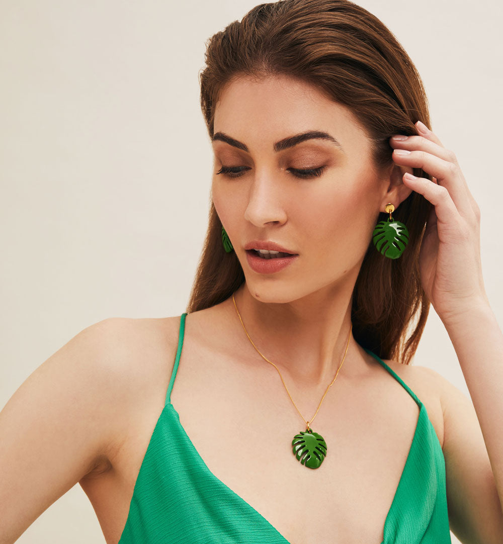 Branch Jewellery - Gold and Green lacquered horn Monstera palm leaf shaped earrings