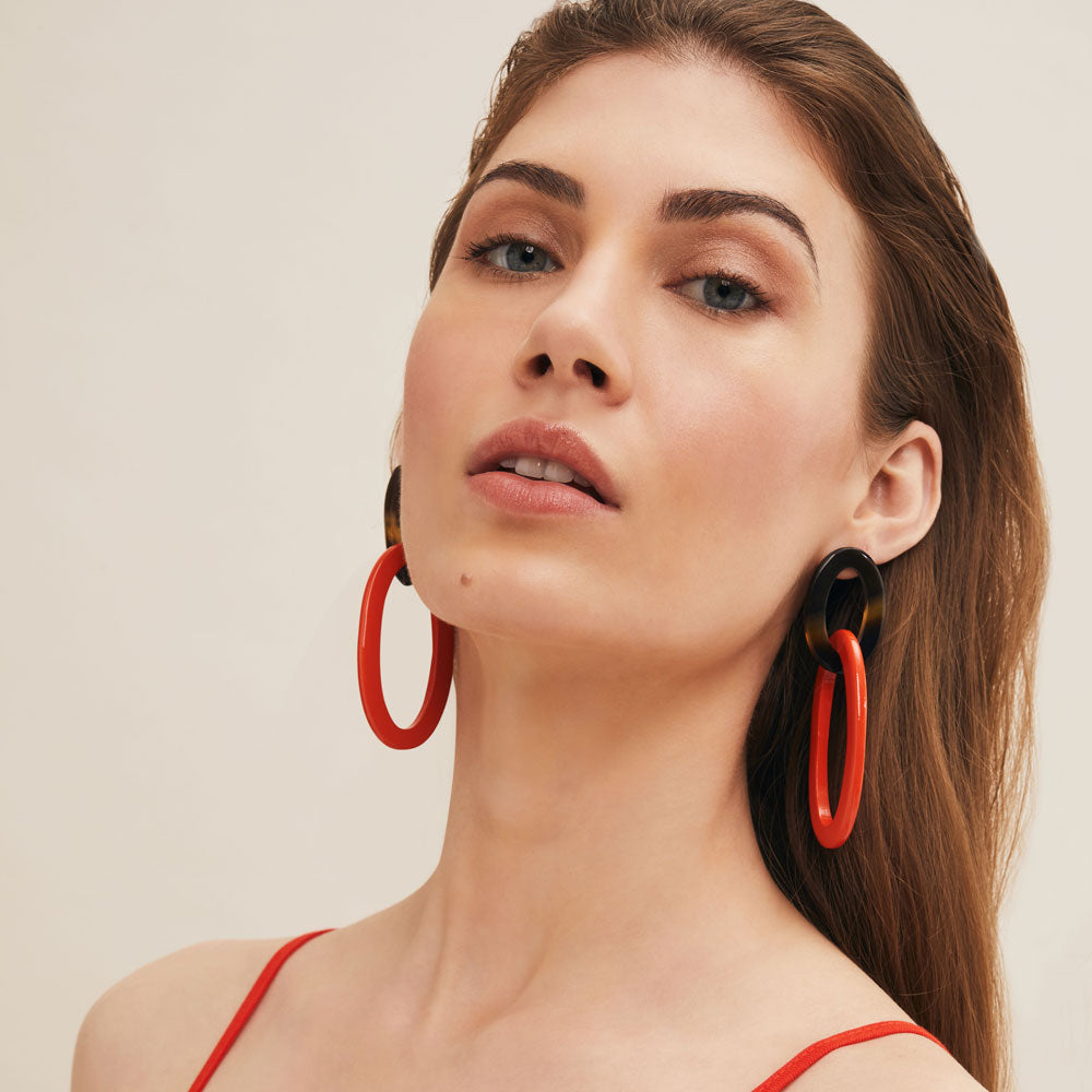 Oval link buffalo horn earrings - Orange