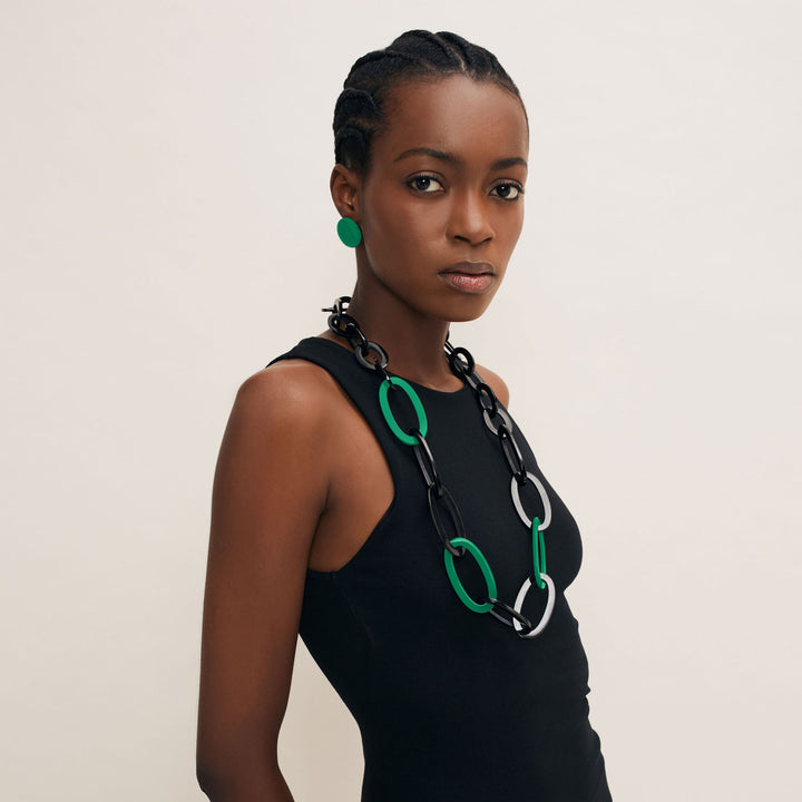 Oval link black & emerald green lacquered necklace