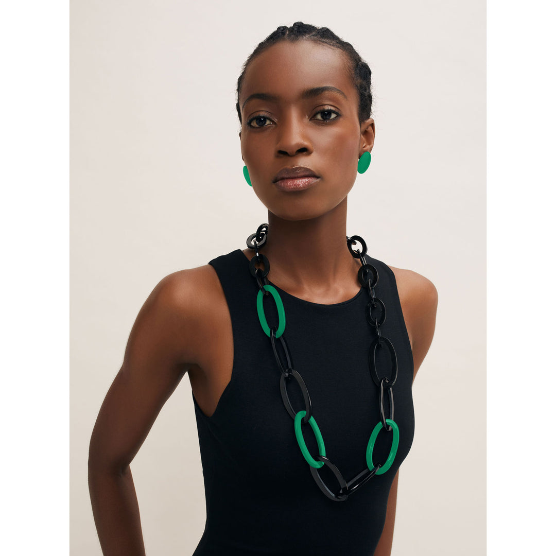Oval link black & emerald green lacquered necklace