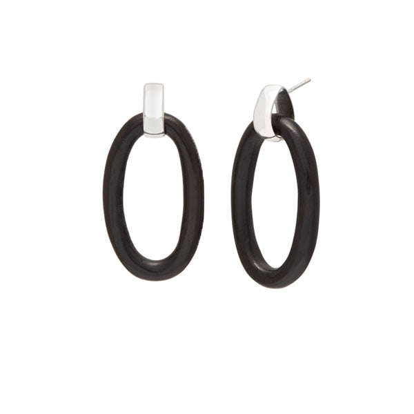 Oval Black wood Link Earring - Silver