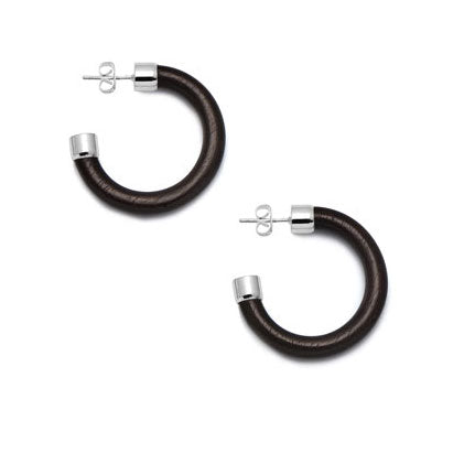 Small Black Wood rounded hoop earring - Silver