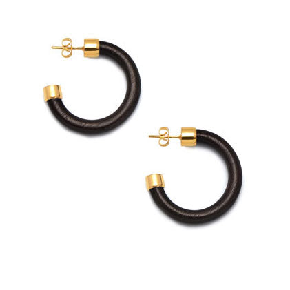 Small Black Wood rounded hoop earring - Gold plate