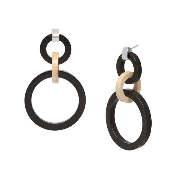 Brown & White wood triple ring earring - Silver