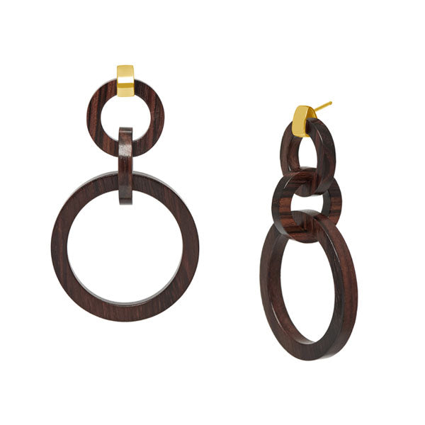 Branch Jewellery - Brown wood and gold round link earrings