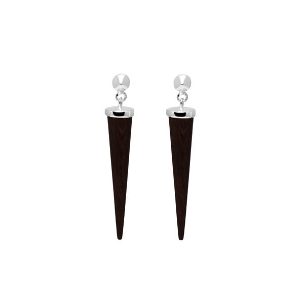 Long Black wood and silver round spike earring