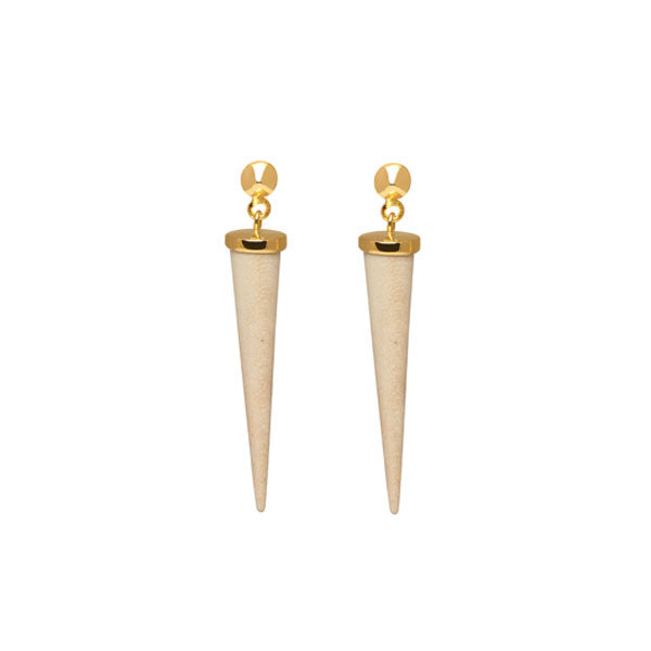 Long White wood and gold round spike earring