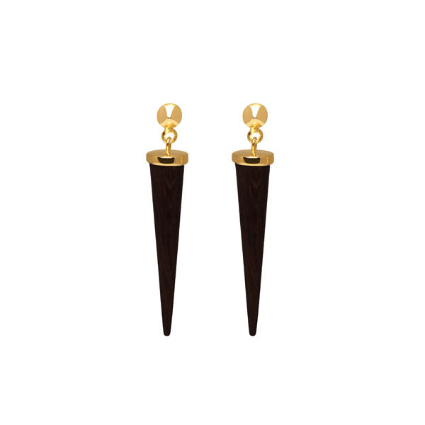 Long Black wood and gold round spike earring