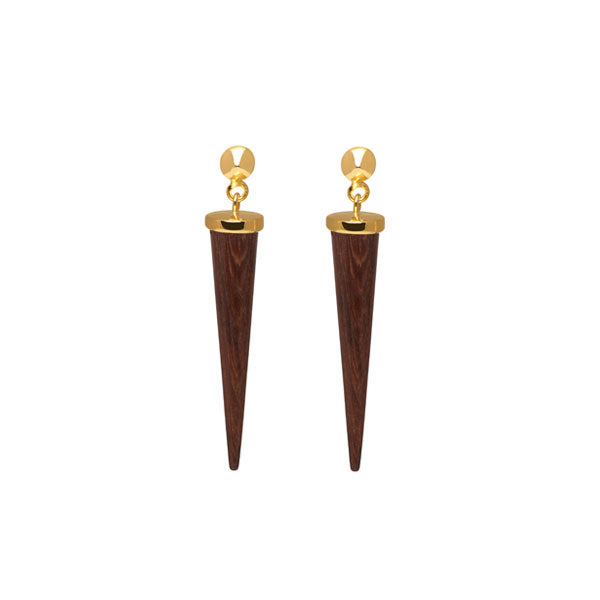 Long Rosewood and gold round spike earring