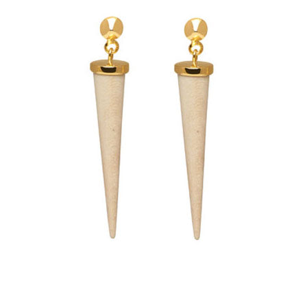 Long White wood round spike earring - Gold