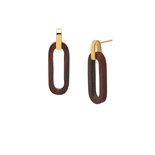 Branch Jewellery - Gold and brown wood rectangle link earring