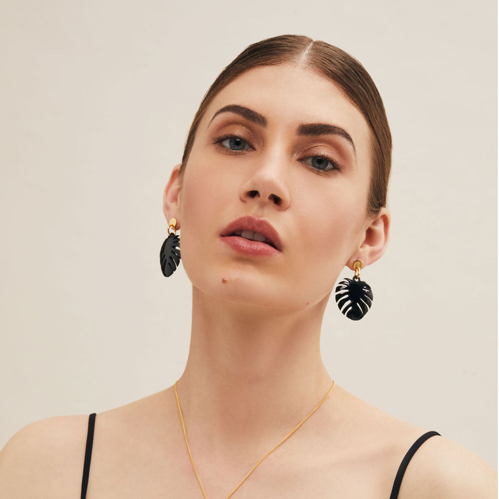 Branch Jewellery - Black horn Monstera palm leaf shaped earrings