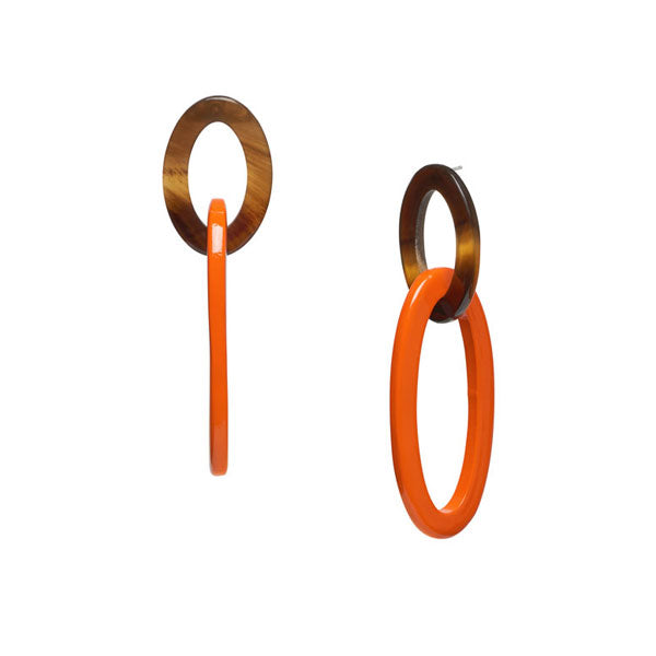 Branch jewellery - Orange and Brown oval link buffalo horn earring