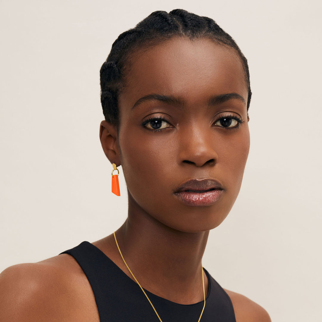Branch Jewellery -Orange and gold lacquered horn drop earring