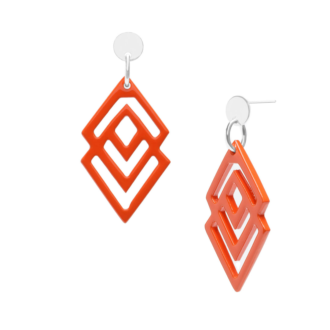 Branch Jewellery - Orange lacquered horn geometric shaped earrings with silver detail