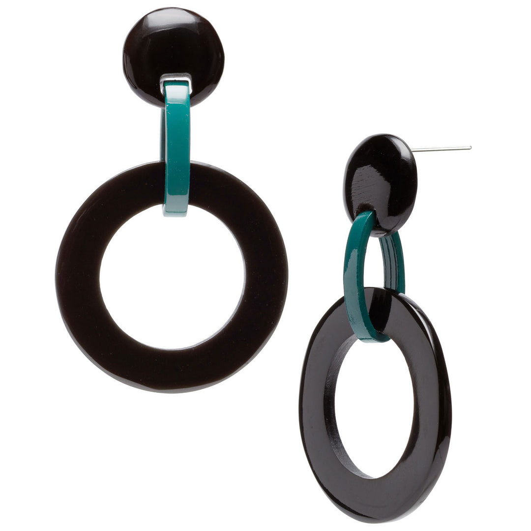 Black and teal lacquered round link earrings