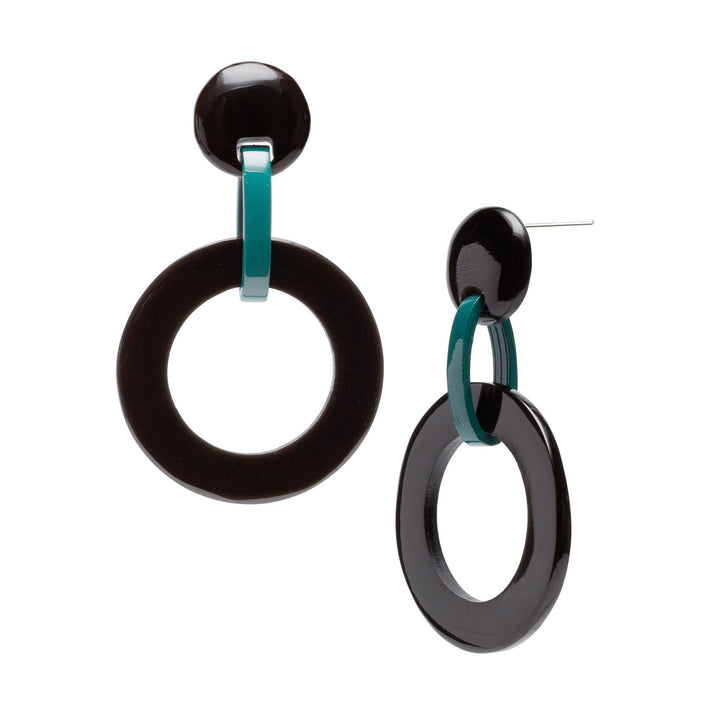 Black and teal lacquered round link earrings