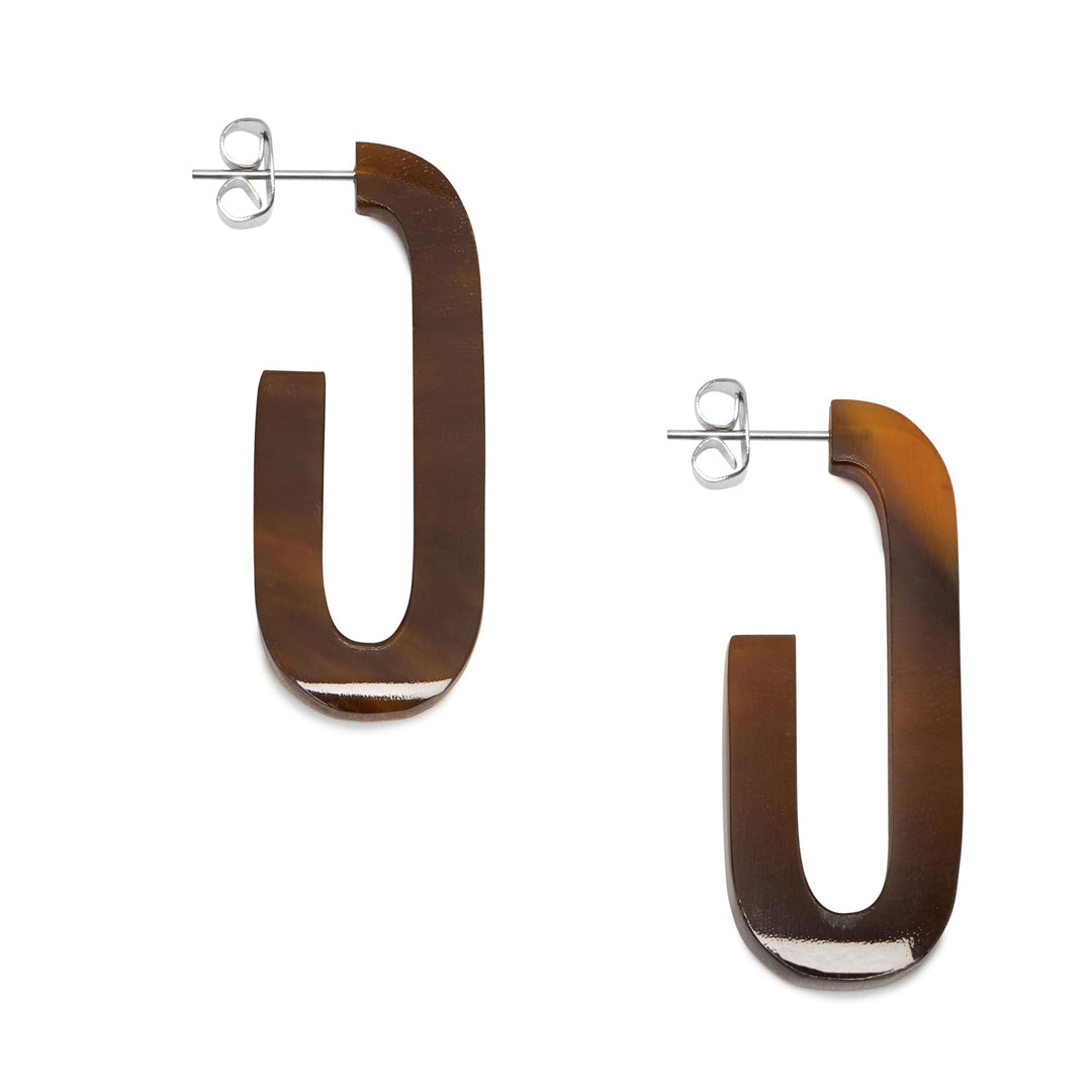 Branch Jewellery - Brown natural horn oblong horn hoop earrings.