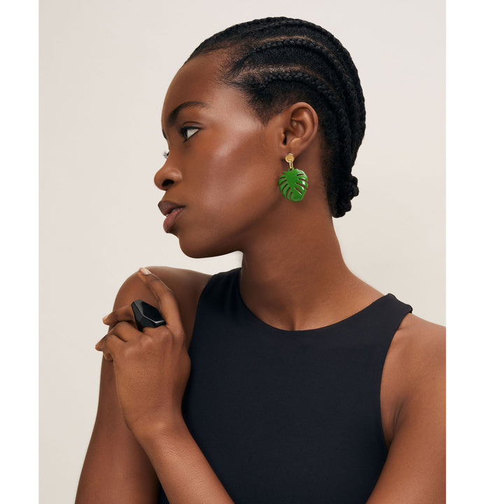 Branch Jewellery - Green lacquered horn Monstera palm leaf shaped earrings gold.