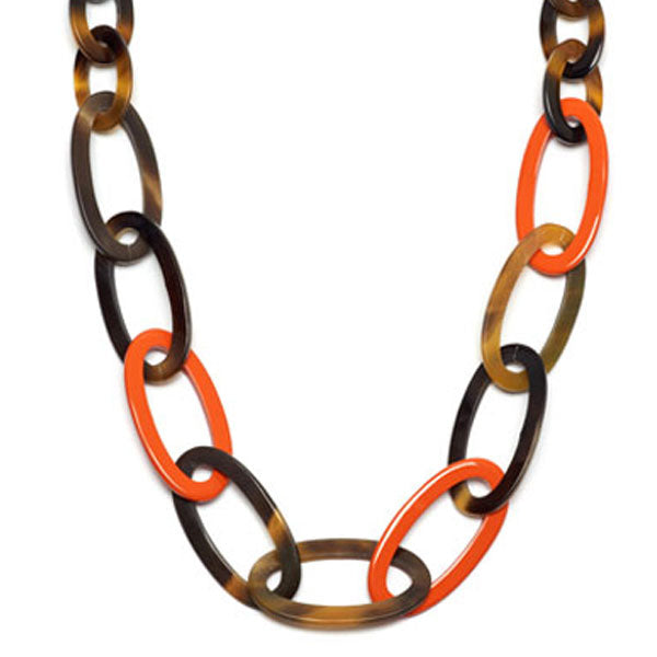 Branch jewellery - Orange and brown oval link buffalo horn necklace