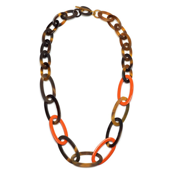 Branch jewellery - Orange and brown oval link buffalo horn necklace