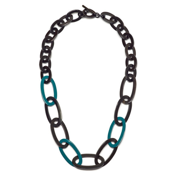 Branch jewellery - teal and black lacquered oval link buffalo horn necklace