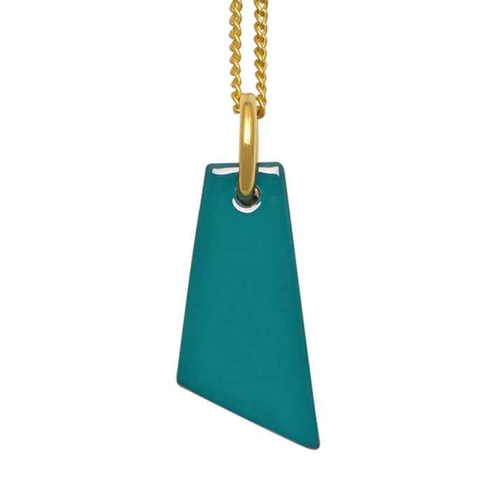 Branch Jewellery - Gold and teal blue lacquered shaped horn pendant.