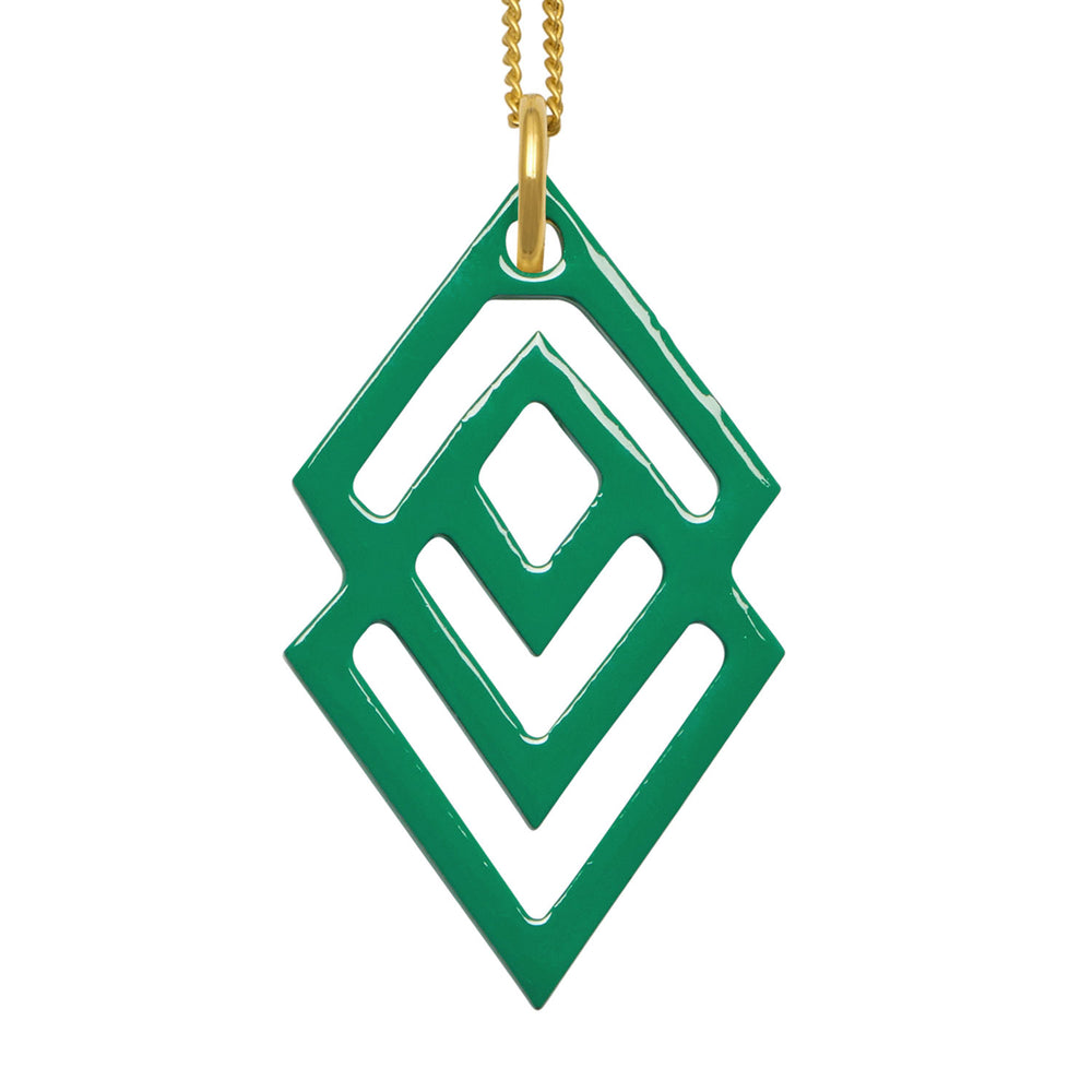 branch Jewellery - Gold and emerald green lacquered geometric shaped pendant.