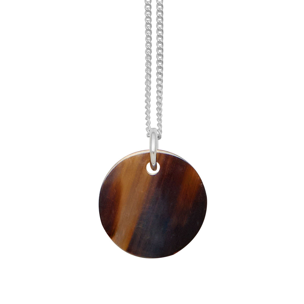 Branch Jewellery - small round brown natural horn disc pendant on a sterling silver chain.