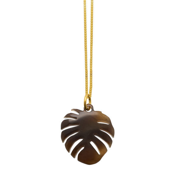 Branch Jewellery - Brown natural horn and gold monstera palm leaf shaped pendant