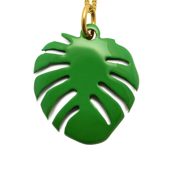 Branch Jewellery - Green lacquered horn and gold monstera palm leaf shaped pendant