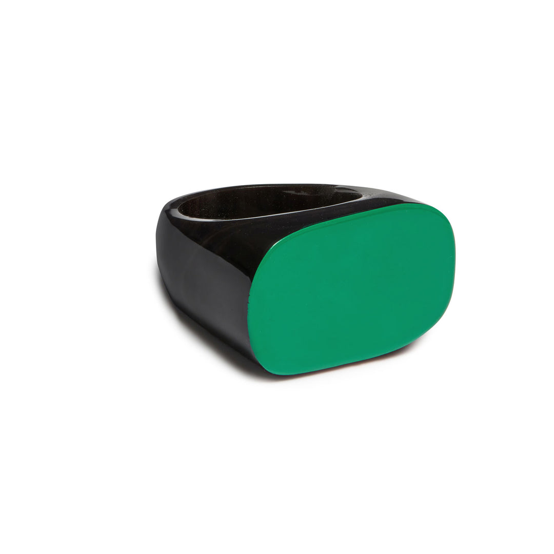 Branch Jewellery - Black and emerald green lacquered horn oval shaped statement ring