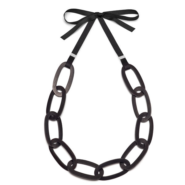 Branch Jewellery - Flat black wood oval link necklace set on black ribbon