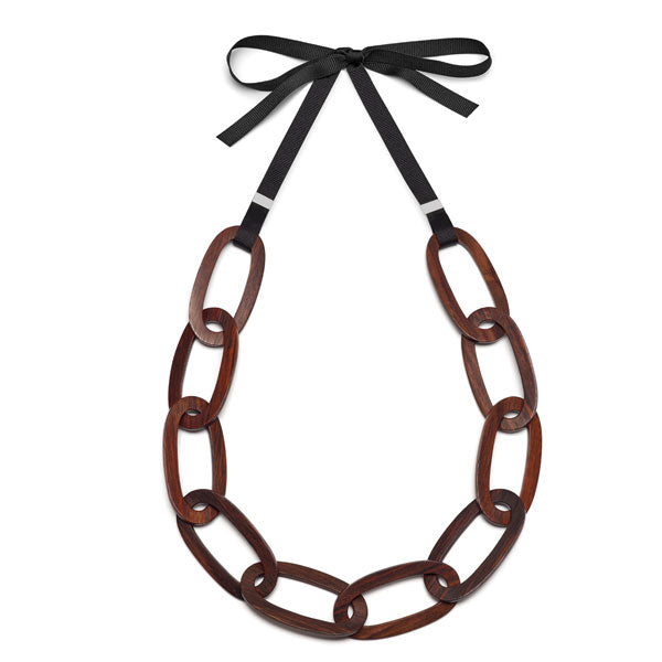 Branch Jewellery - Flat brown wood oval link necklace set on black ribbon