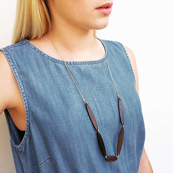 Branch Jewellery - necklace with brown oval wood set on gold plated chain