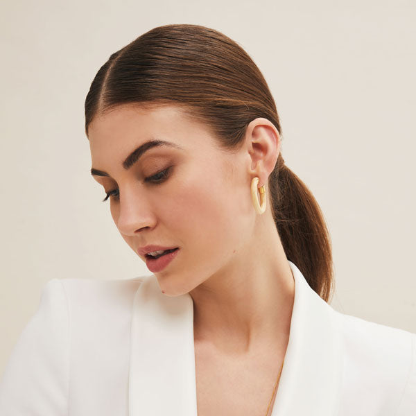 Small White Wood rounded hoop earring - Gold plate