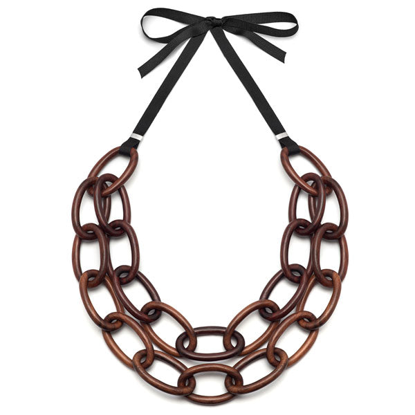 Branch Jewellery - Brown wood double strand oval link necklace set on ribbon