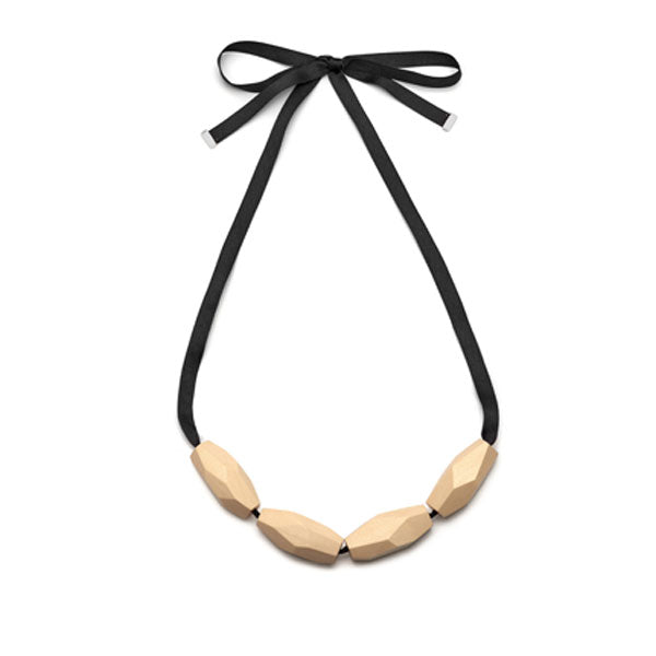 Branch Jewellery - White faceted wood bead necklace on black ribbon