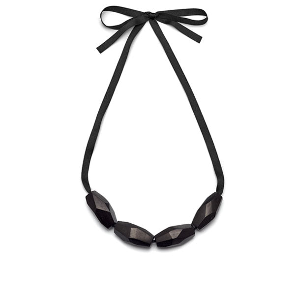 Branch Jewellery - Black faceted wood bead necklace on black ribbon